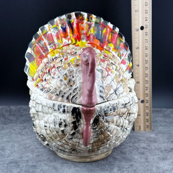 Ceramic Turkey Covered Sauce Dish Jar Thanksgiving Fall Hand Painted Vintage 7" - Picture 4 of 9